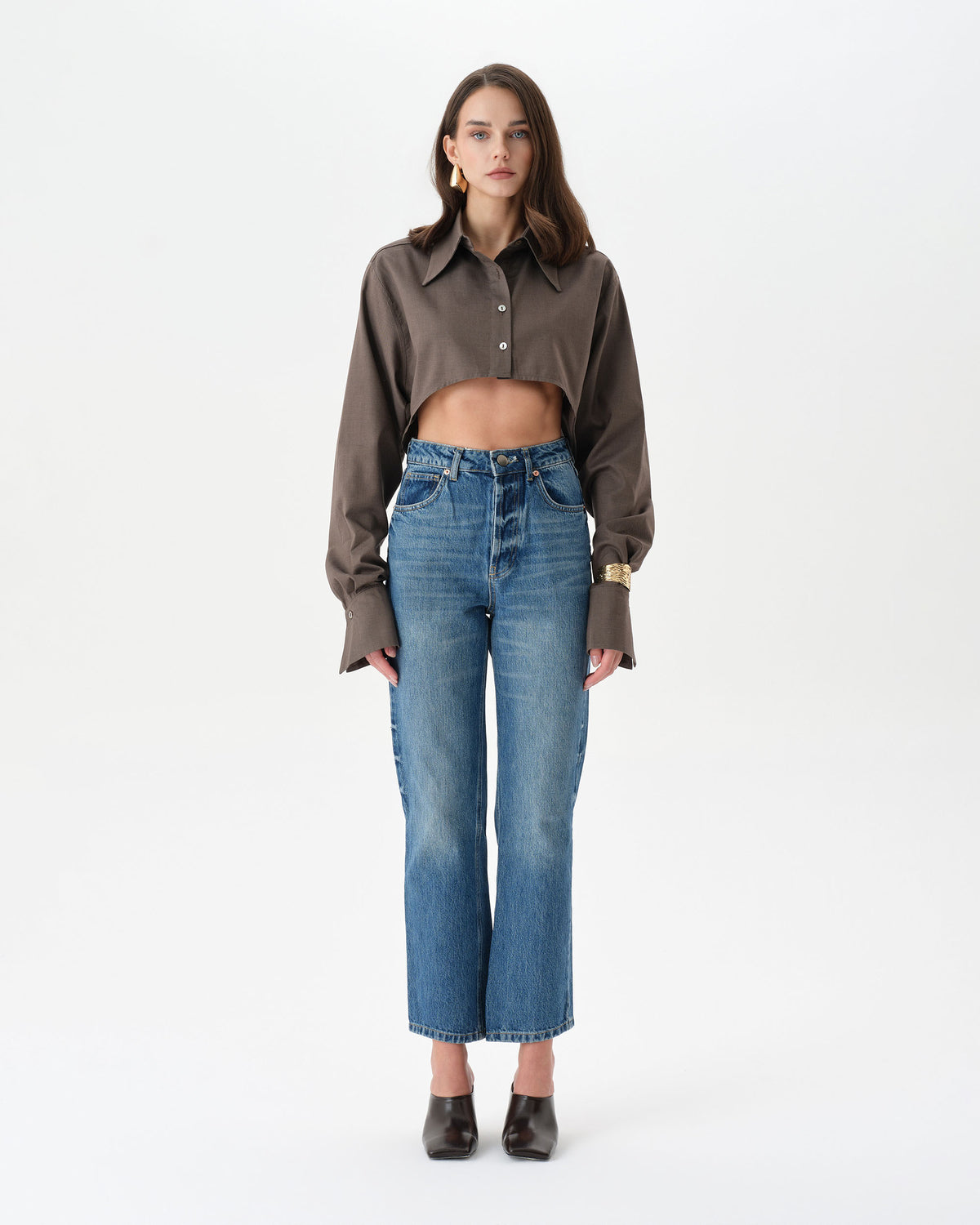 Brown Extra Long Sleeve Oversized Crop Shirt
