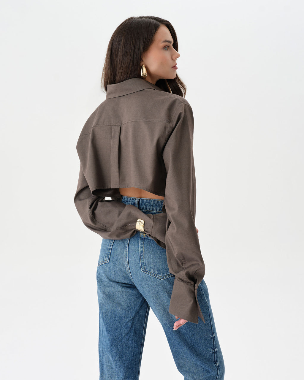 Brown Extra Long Sleeve Oversized Crop Shirt