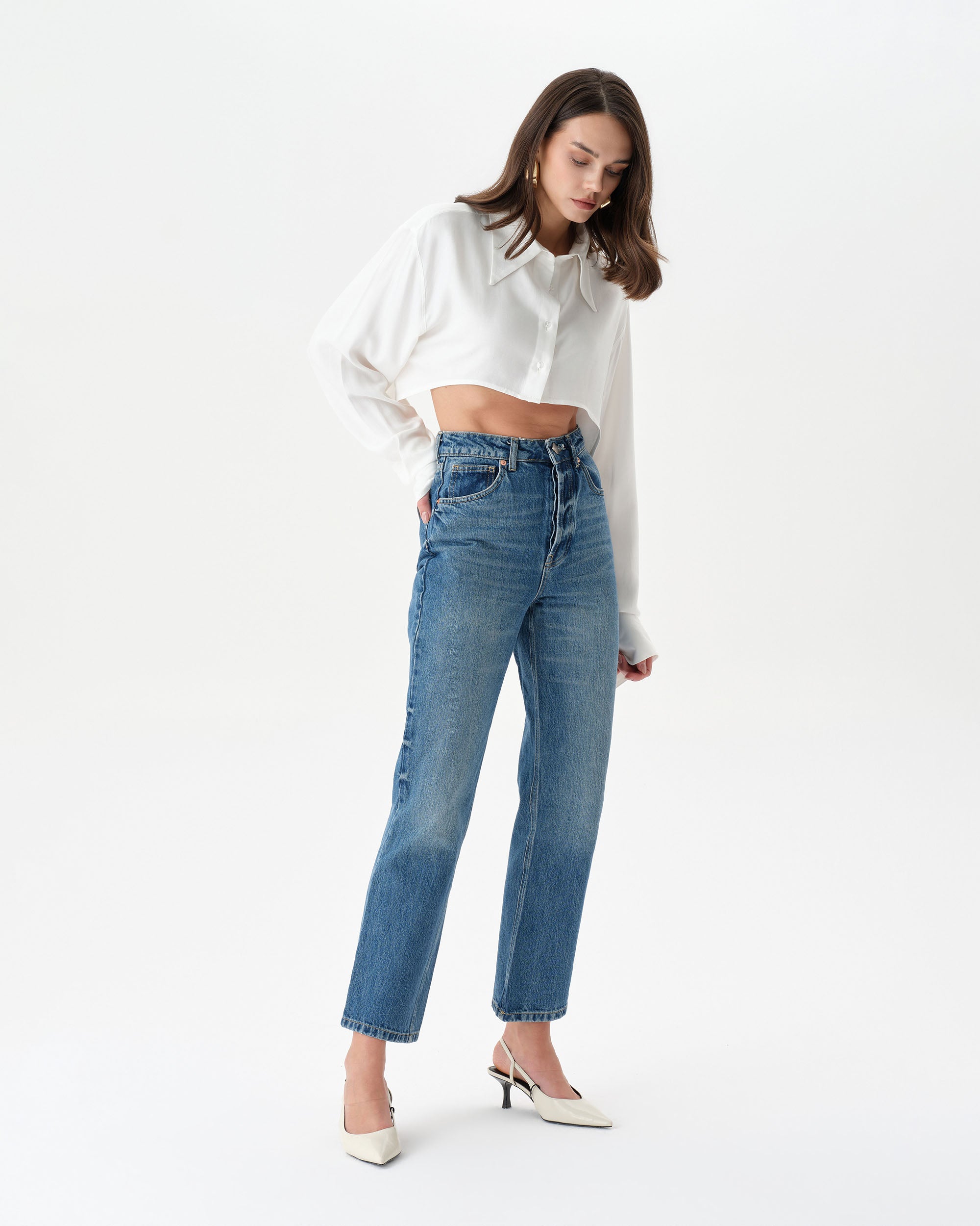 White Extra Long Sleeve Oversized Crop Shirt