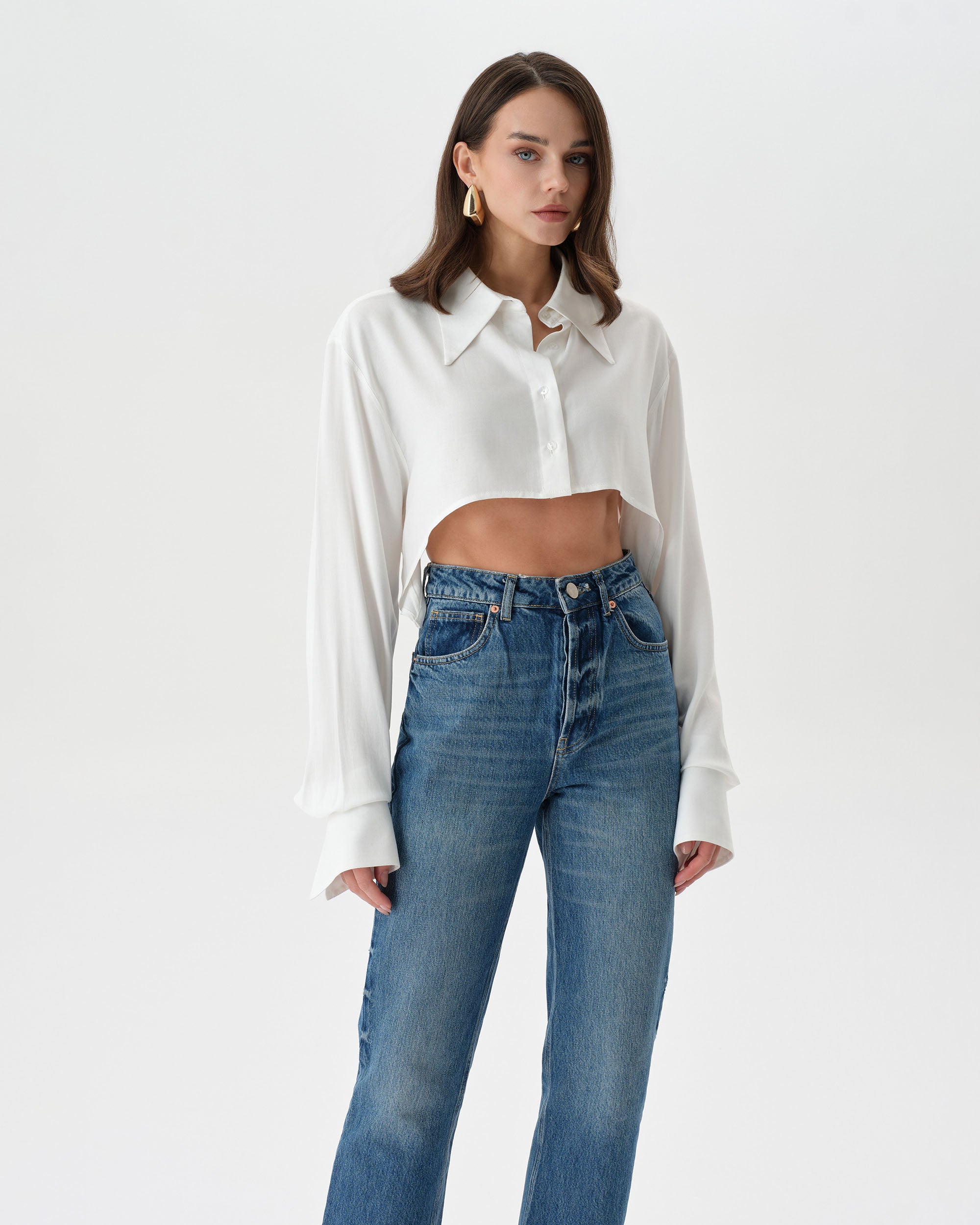 White Extra Long Sleeve Oversized Crop Shirt